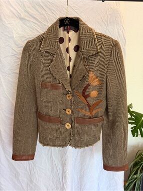 Herringbone Wool Blazer with Leather Appliqué, 100% silk lining.